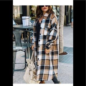 Women's Lounge Lapel Button Up Long Sleeve Plaid Long Shirt Jacket Shacket